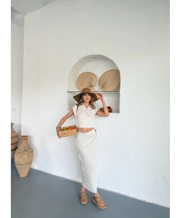 Uzun etekli bluz takım keten krem s255852