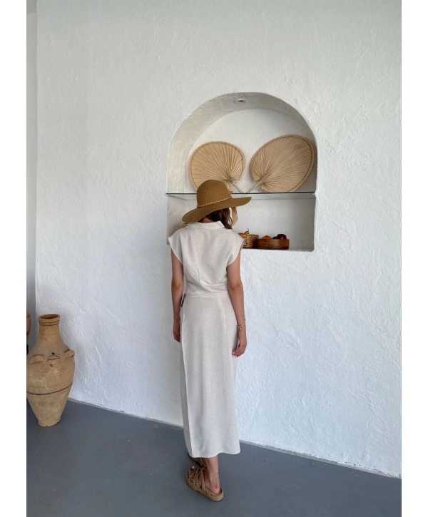 Uzun etekli bluz takım keten krem s255852