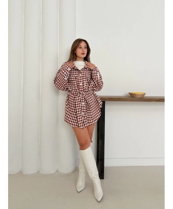 Uzun kaşe gömlek beyazkremit st255812