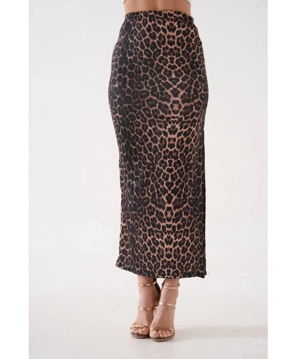 Uzun yırtmaçlı ince kumaş etek leopar