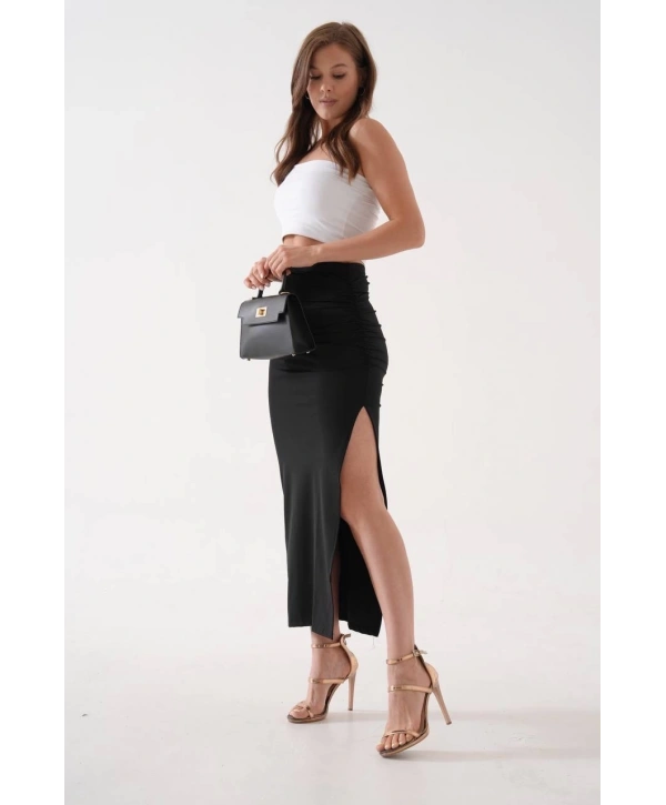 Uzun yırtmaçlı ince kumaş etek siyah