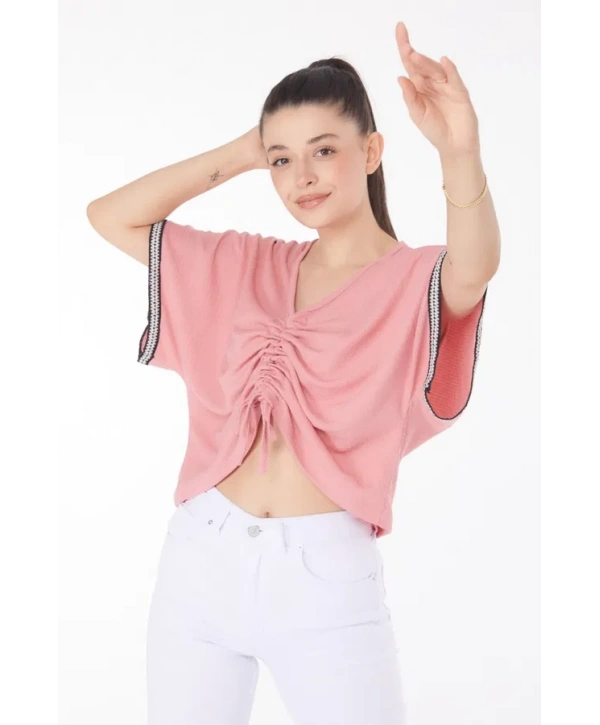 V yaka büzgülü detaylı bluz