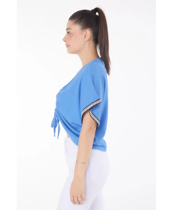 V yaka büzgülü detaylı bluz