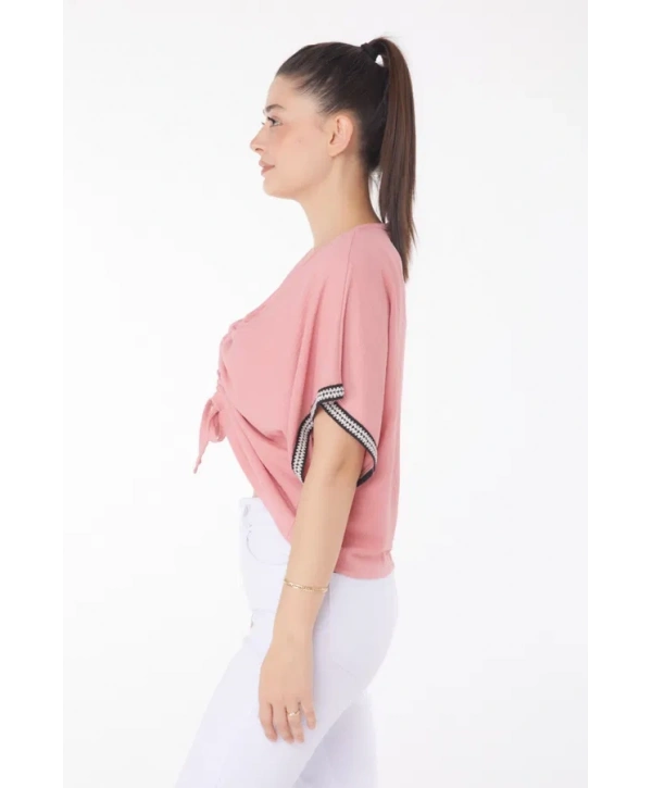 V yaka büzgülü detaylı bluz