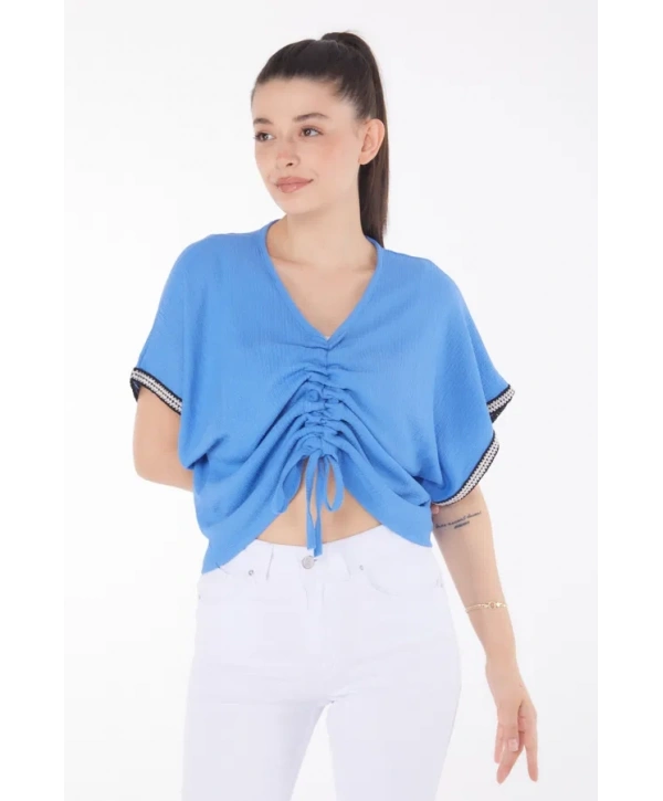 V yaka büzgülü detaylı bluz