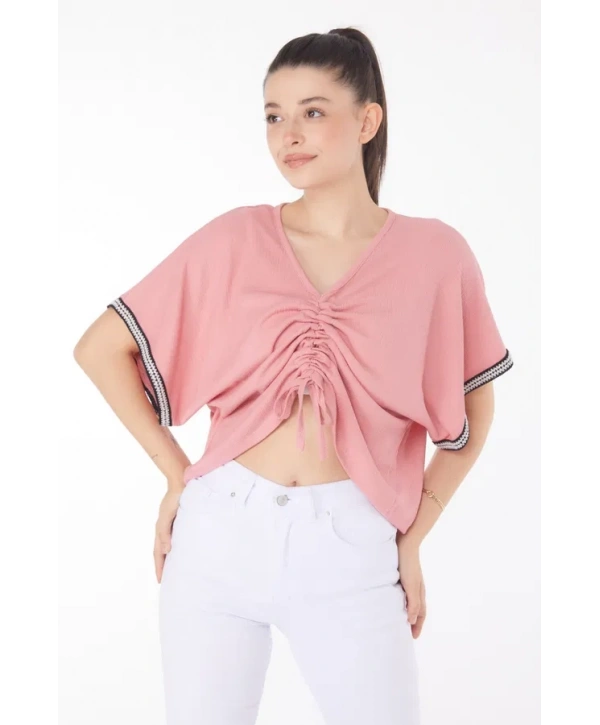 V yaka büzgülü detaylı bluz