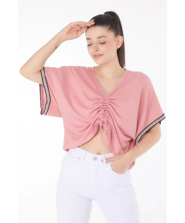 V yaka büzgülü detaylı bluz