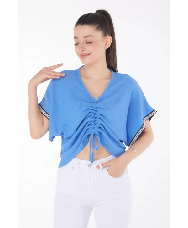 V yaka büzgülü detaylı bluz