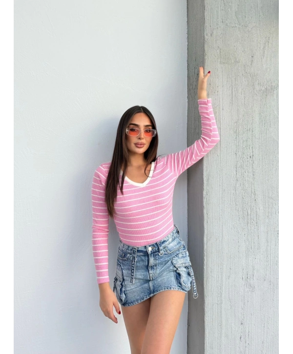 V yaka çizgili bluz pembe A3699