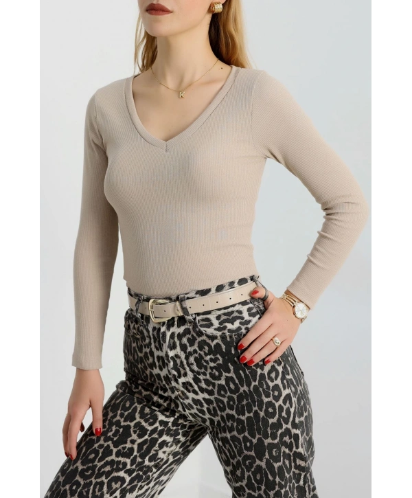 V yaka kaşkorse bluz bej a3699