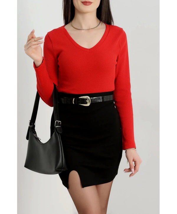 V yaka kaşkorse bluz kırmızı a3699
