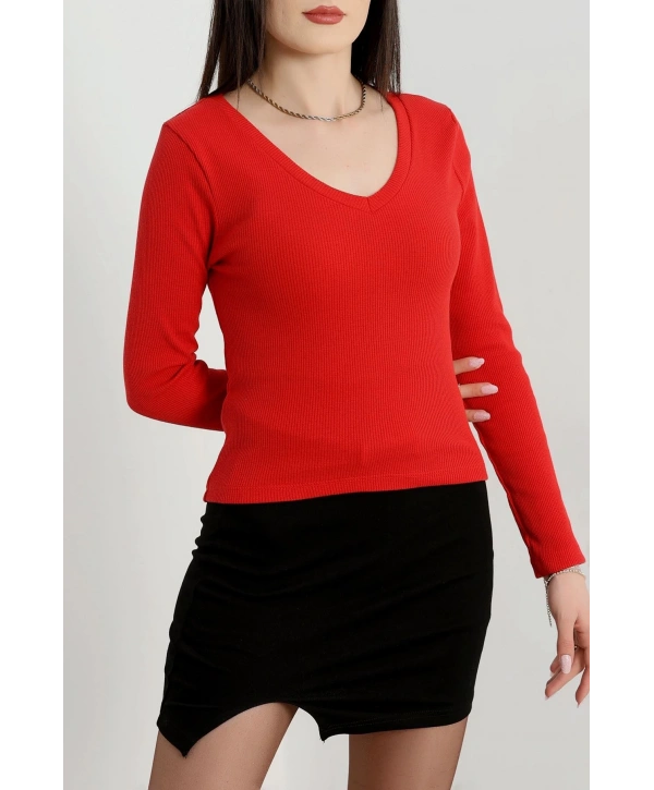 V yaka kaşkorse bluz kırmızı a3699