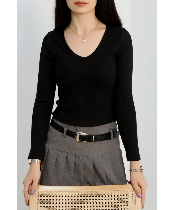 V yaka kaşkorse bluz siyah a3699