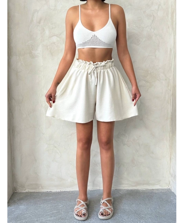 Volanlı keten şort bej s255058