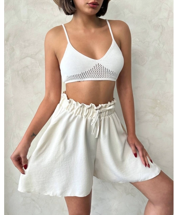 Volanlı keten şort bej s255058