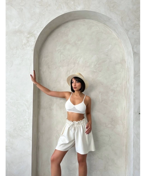 Volanlı keten şort bej s255058