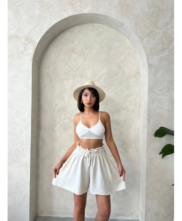 Volanlı keten şort bej s255058
