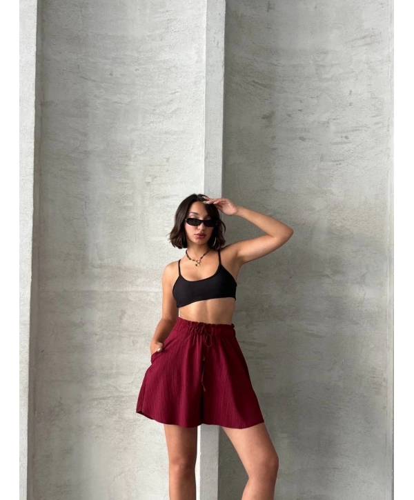 Volanlı keten şort bordo s255058