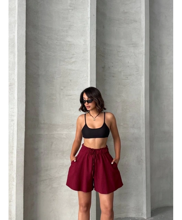 Volanlı keten şort bordo s255058