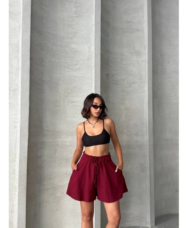 Volanlı keten şort bordo s255058