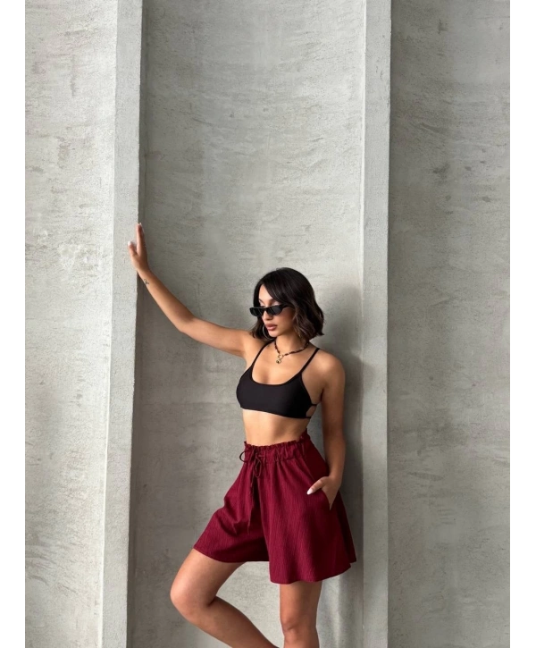 Volanlı keten şort bordo s255058