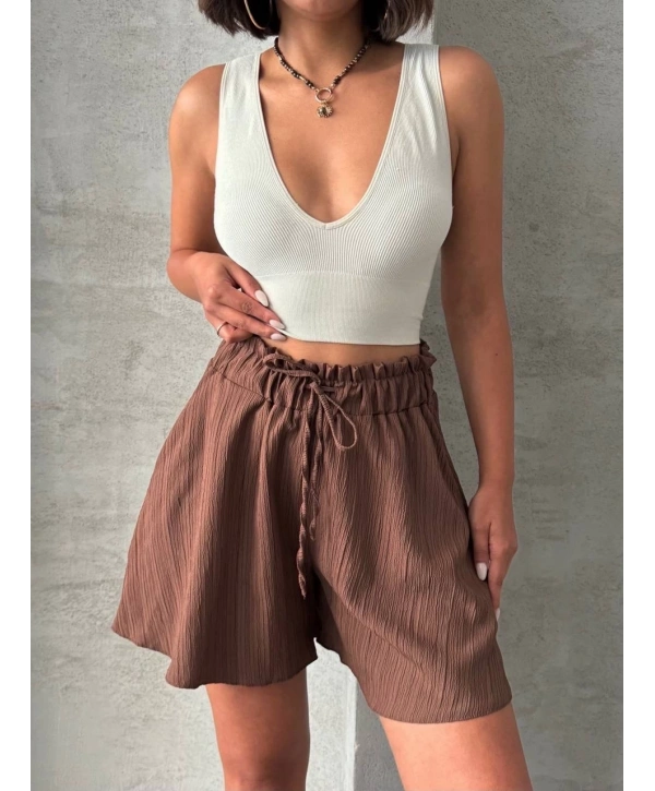 Volanlı keten şort kahve s255058