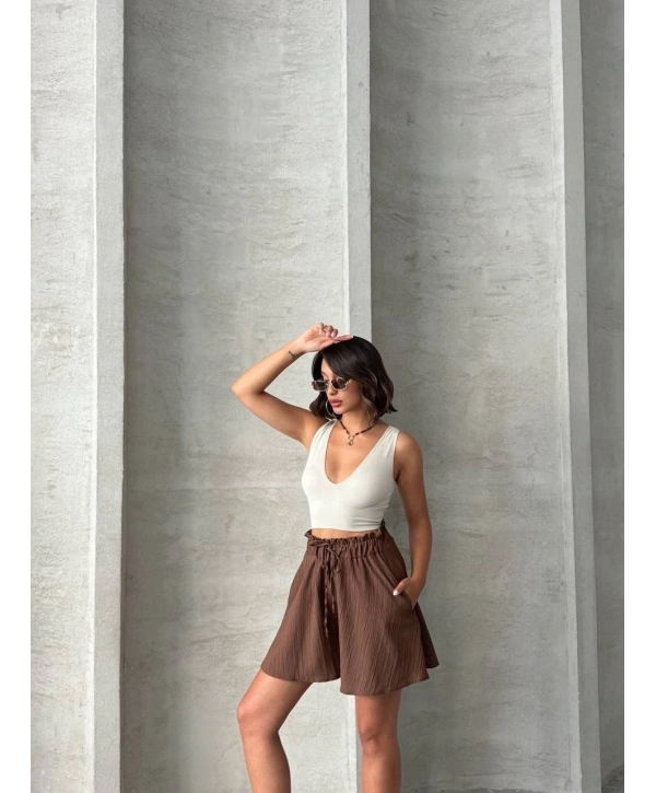 Volanlı keten şort kahve s255058