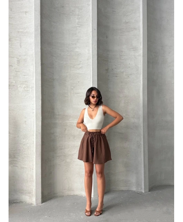 Volanlı keten şort kahve s255058