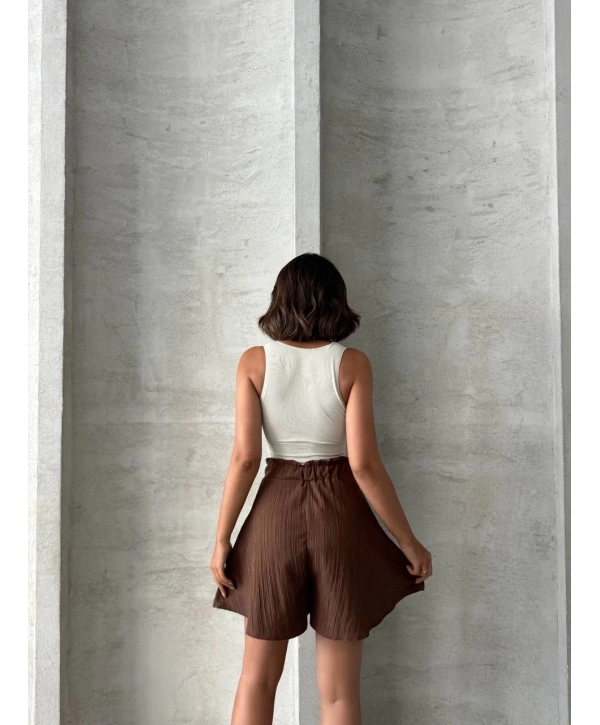 Volanlı keten şort kahve s255058