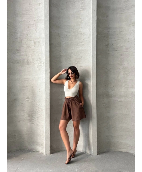 Volanlı keten şort kahve s255058