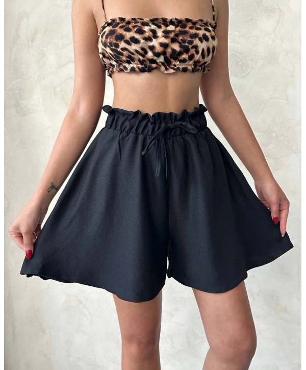 Volanlı keten şort siyah s255058