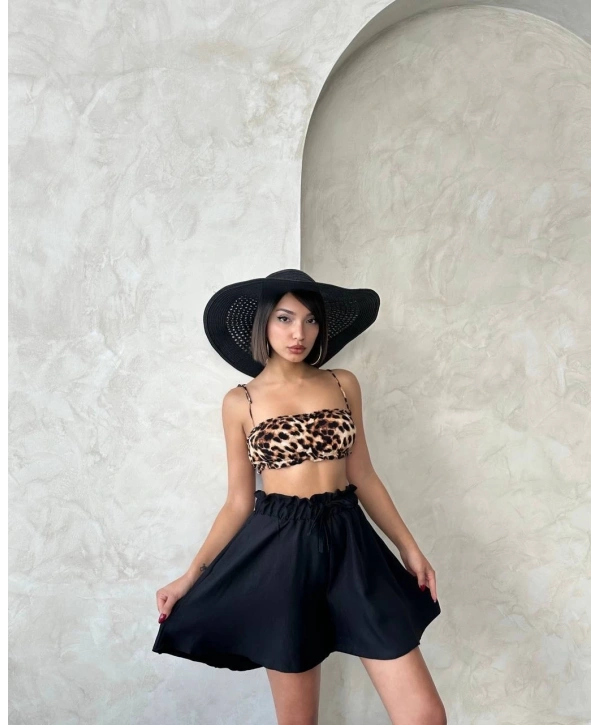 Volanlı keten şort siyah s255058