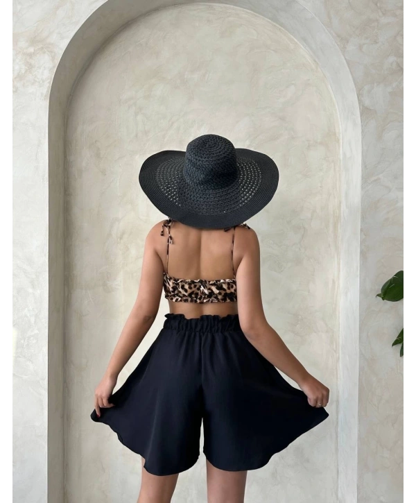Volanlı keten şort siyah s255058