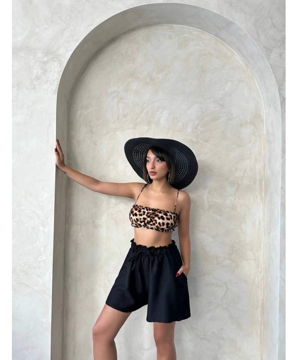 Volanlı keten şort siyah s255058