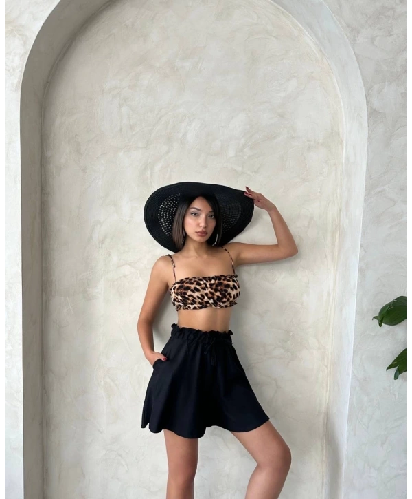 Volanlı keten şort siyah s255058