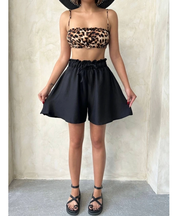 Volanlı keten şort siyah s255058