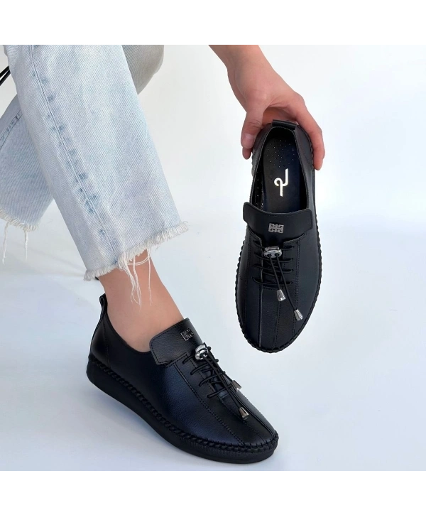 Warte Siyah Deri Bağcıklı Spor Ayakkabı