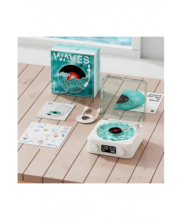 Waves Nostalji Plak Görünümlü Bluetooth Hoparlör 3d Ses Dalgası Retro Müzik Plak Mavi
