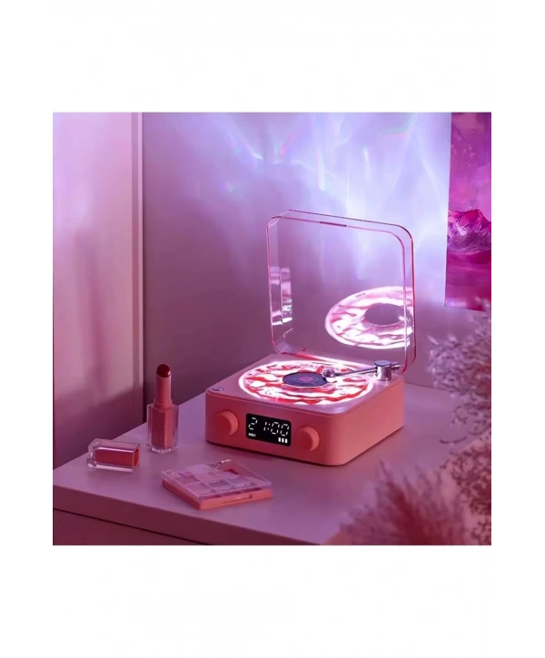 Waves Nostalji Plak Görünümlü Bluetooth Hoparlör 3d Ses Dalgası Retro Müzik Plak Pembe