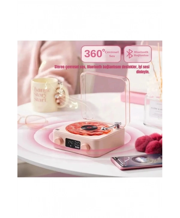 Waves Nostalji Plak Görünümlü Bluetooth Hoparlör 3d Ses Dalgası Retro Müzik Plak Pembe