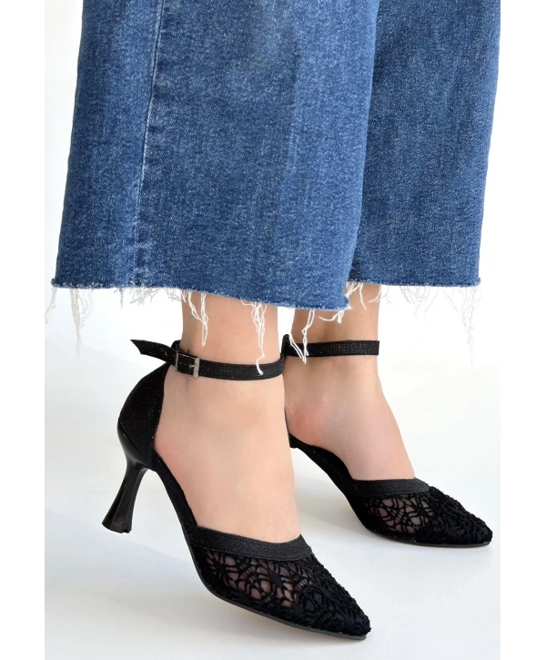 Weja Siyah Cilt Tül Detaylı Simli Topuklu Ayakkabı
