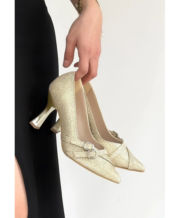 Wenda Gold Simli Cilt Topuklu Ayakkabı