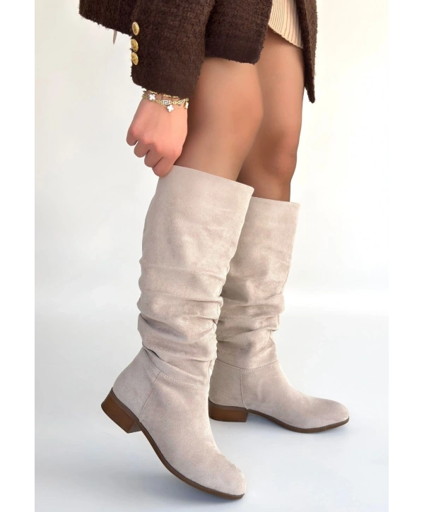 Winda Bej Süet Körüklü Topuklu Çizme