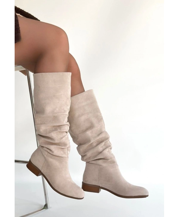 Winda Bej Süet Körüklü Topuklu Çizme