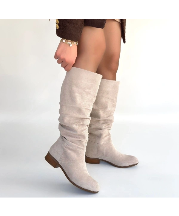 Winda Bej Süet Körüklü Topuklu Çizme