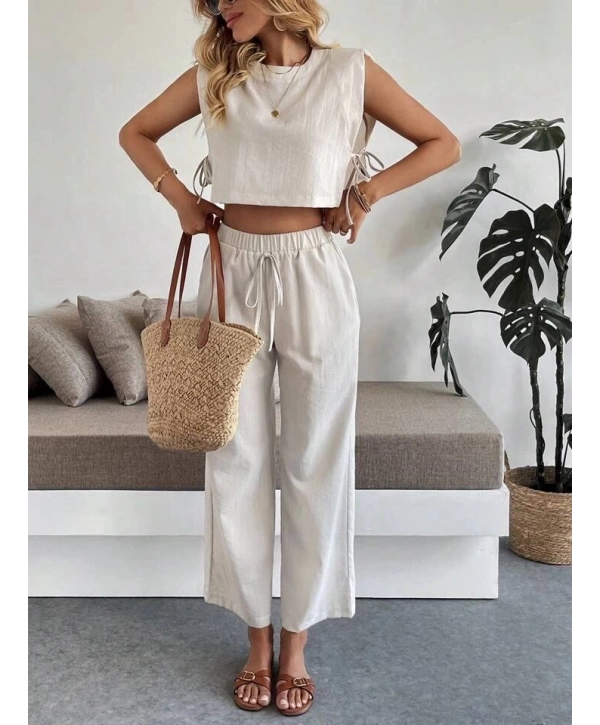 Yan bağlama detaylı pantolonlu takım bej