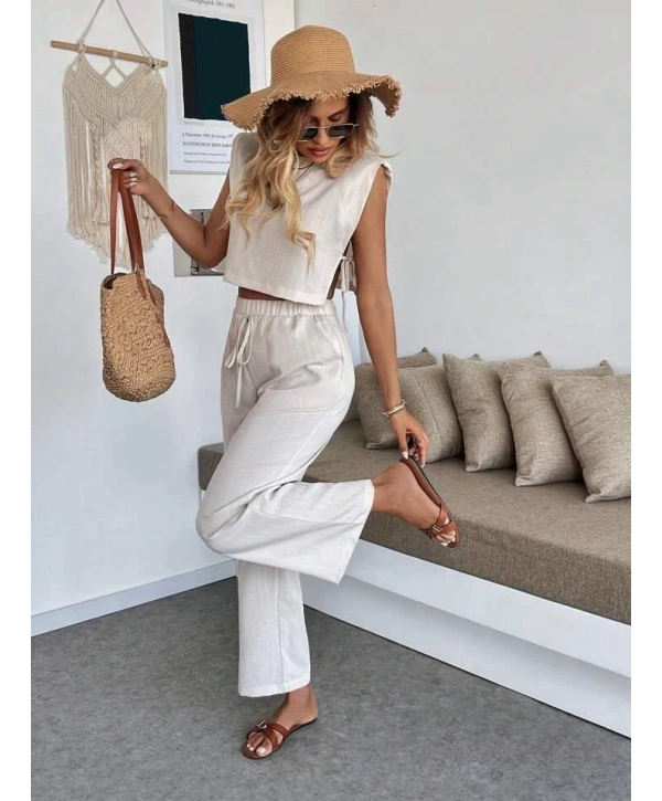 Yan bağlama detaylı pantolonlu takım bej