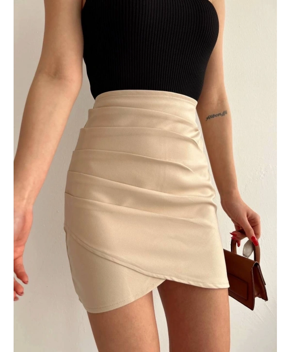 Yandan drapeli asimetrik etek bej s24771