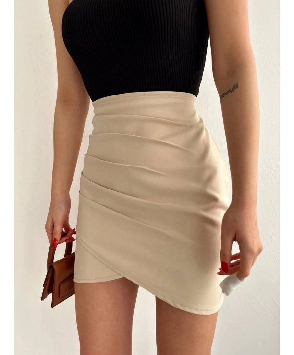 Yandan drapeli asimetrik etek bej s24771