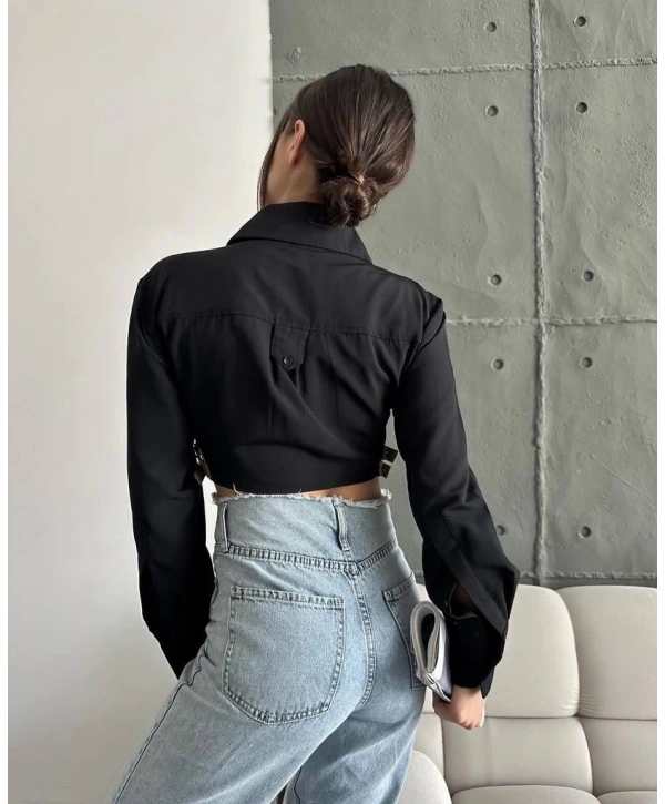 Yanı kemer detaylı crop gömlek siyah s4009